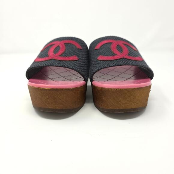 Chanel CC Logo Platform Slides Mules Pink Navy Blue Canvas Sandals IT 39 US 8.5 - Picture 6 of 10